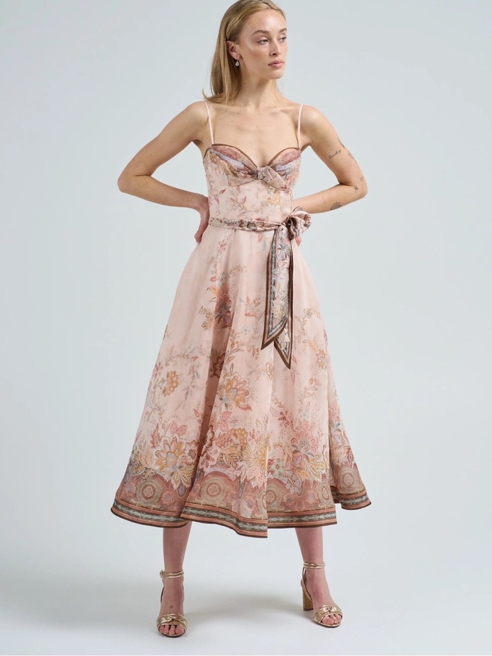 Zimmermann Alchemy Structured Blush Pink Floral Midi Dress with Tie Waist